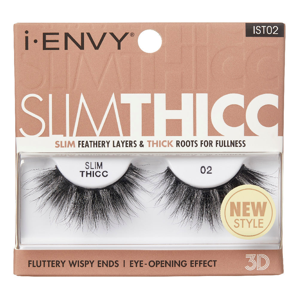 IST02_main "A single false eyelash. The eyelash is black and features a dense, voluminous design with varying lengths of individual lashes, creating a natural yet dramatic look. The base of the eyelash is slightly curved to fit the natural contour of the eyelid. The lashes are arranged in a way that they taper towards the ends, giving a fluttery and wispy appearance."