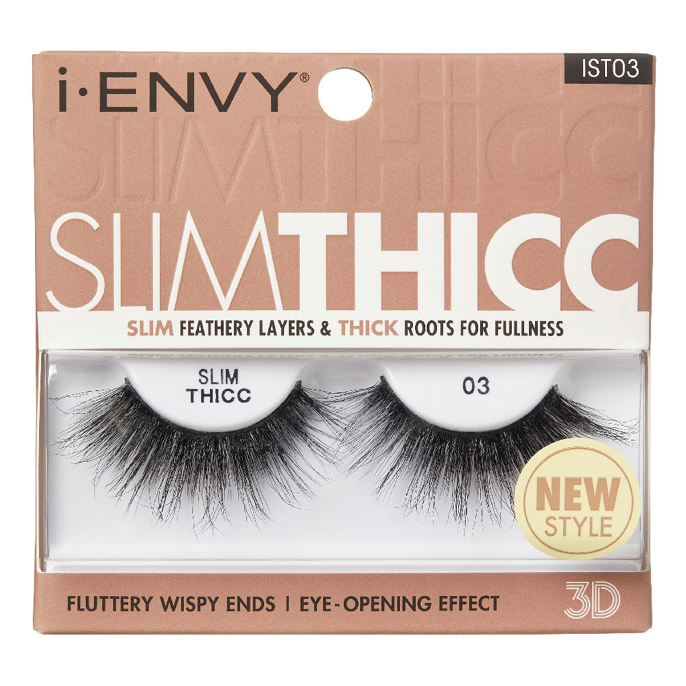 IST03_main "A single false eyelash. The eyelash is black and features a dramatic, voluminous design with long, wispy strands. The base of the eyelash is curved to fit the natural shape of the eyelid, and the individual lashes vary in length, creating a fluttery and full appearance. The lash band appears to be flexible and thin, designed for easy application."