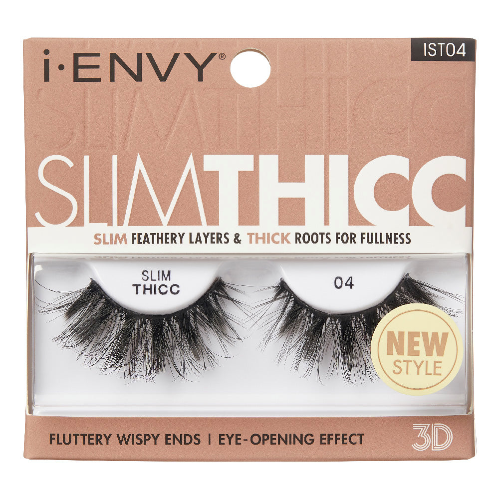IST04_main "A single false eyelash. The eyelash is curved to fit the natural shape of the eye and features long, wispy, and voluminous black fibers. The fibers are arranged in a way that creates a dramatic and full look, with varying lengths to add a natural yet enhanced appearance. The base of the eyelash is a thin, flexible strip designed to adhere to the eyelid."