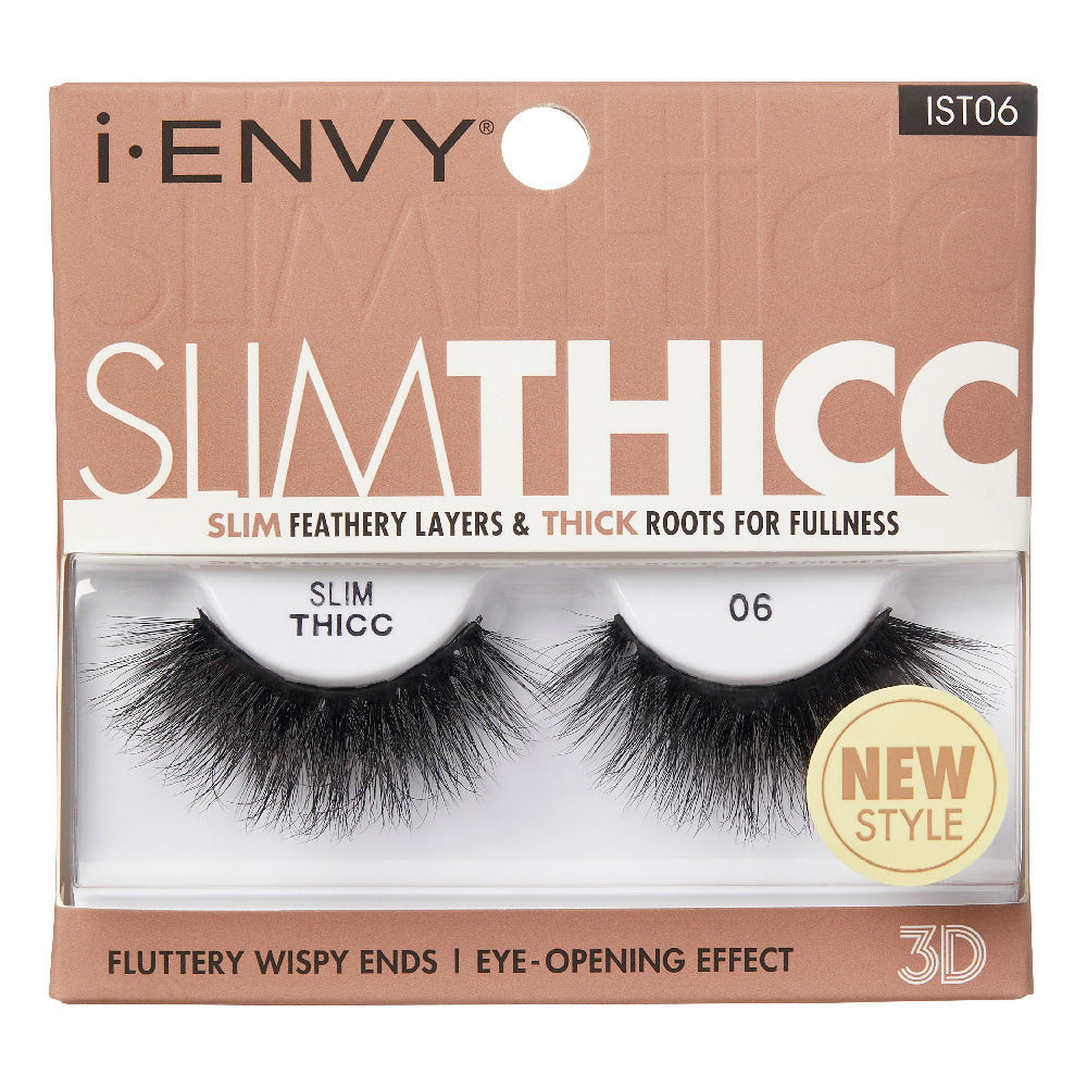 IST06_main "A single false eyelash. The eyelash is thick and voluminous, with densely packed, long, black fibers. The base of the eyelash is curved to fit the natural shape of the eyelid, and the fibers taper off towards the ends, giving a natural, fluttery appearance. The overall look is dramatic and bold, suitable for enhancing the eyes for a striking effect."