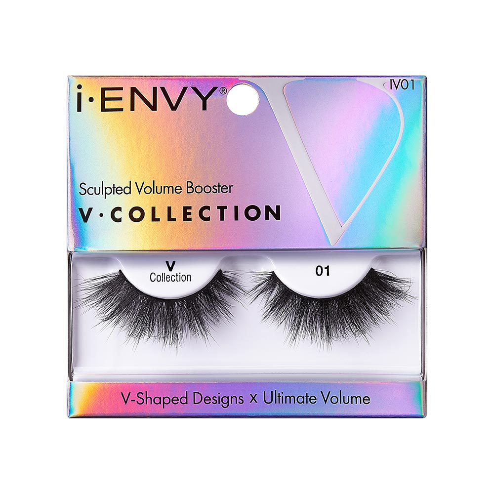 IV01_main "A single false eyelash. The eyelash is black and features a dense, voluminous design with varying lengths of individual lashes, creating a wispy and dramatic effect. The base of the eyelash is slightly curved to fit the natural contour of the eyelid. The lashes appear to be made of synthetic or natural fibers, designed to enhance the fullness and length of natural eyelashes when applied."