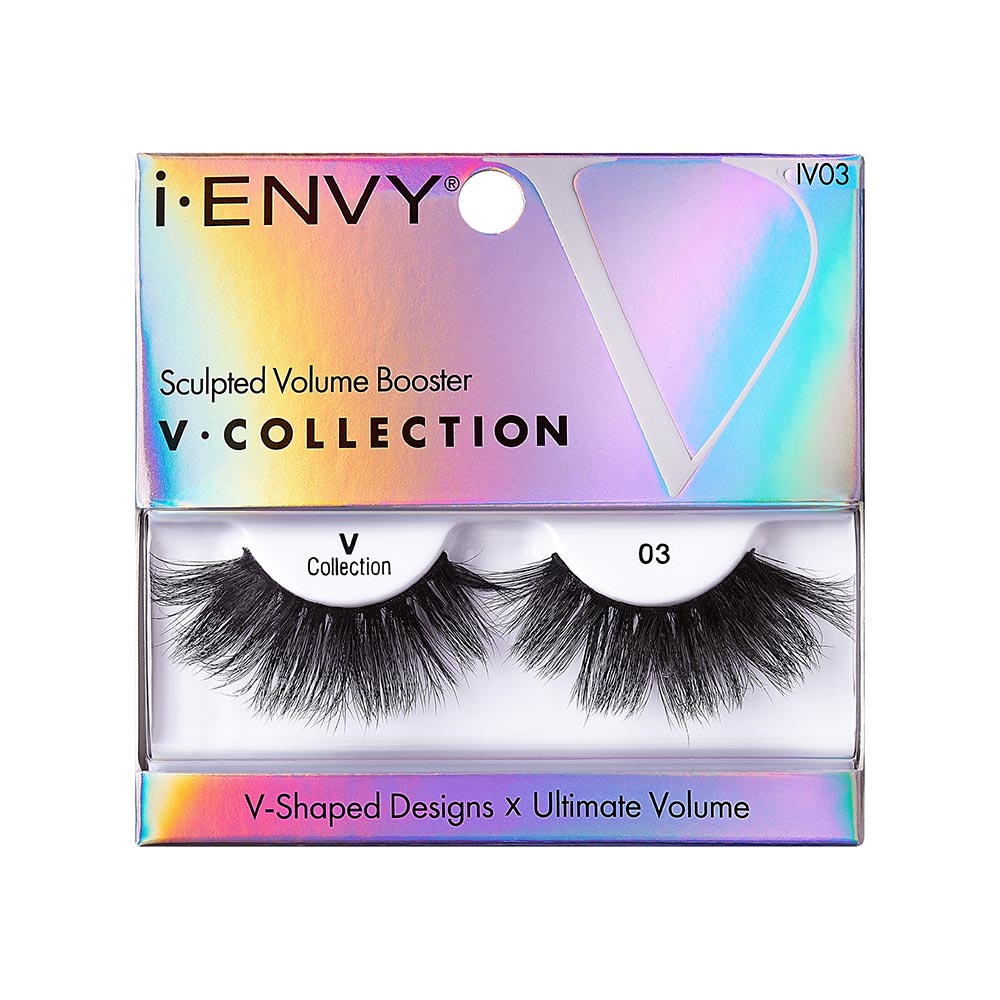 IV03_main "A single false eyelash. The eyelash is black and features a dense, voluminous design with varying lengths of individual lashes, creating a dramatic and full appearance. The lashes are slightly curved to mimic the natural shape of an eyelid, and the base appears to be flexible for easy application."