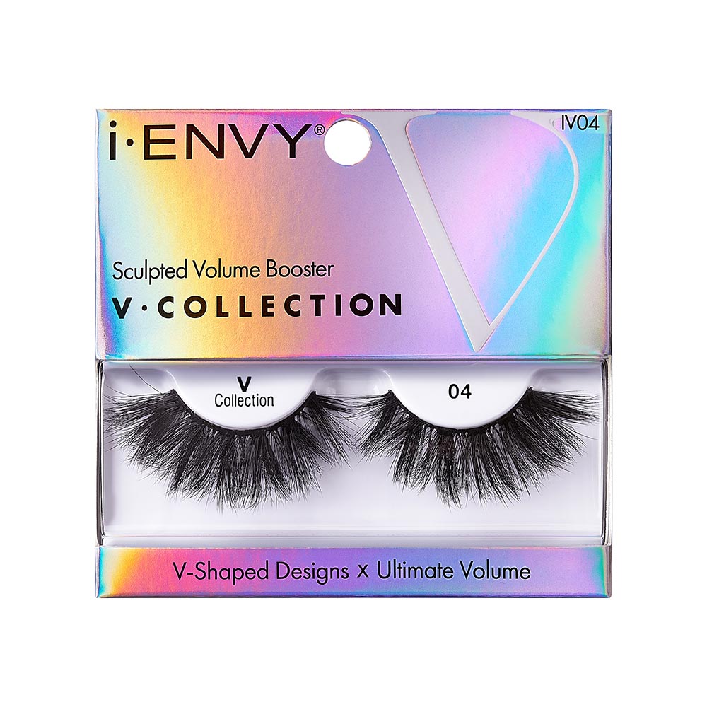 IV04_main "A single false eyelash. The eyelash is black and features a dramatic, voluminous design with thick, long, and wispy strands. The base of the eyelash is a thin, flexible strip that is used to attach the eyelash to the eyelid. The strands are densely packed, creating a full and bold look, suitable for enhancing the appearance of the eyes."