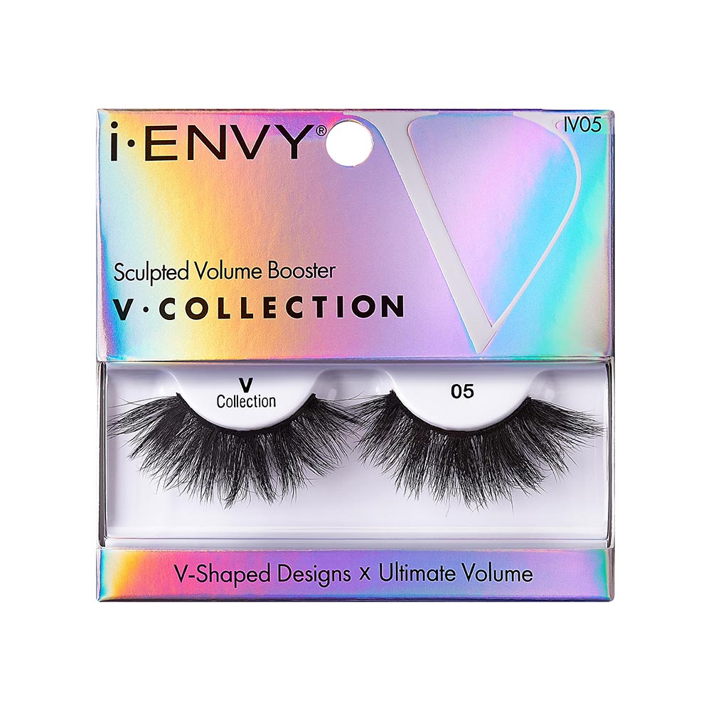 IV05_main "A single false eyelash. The eyelash is black and features a dramatic, voluminous design with multiple layers of long, wispy strands. The base of the eyelash is thick and dark, providing a strong foundation for the dense, fluttery lashes that extend outward. The overall appearance is bold and glamorous, suitable for enhancing the eyes with a striking look."
