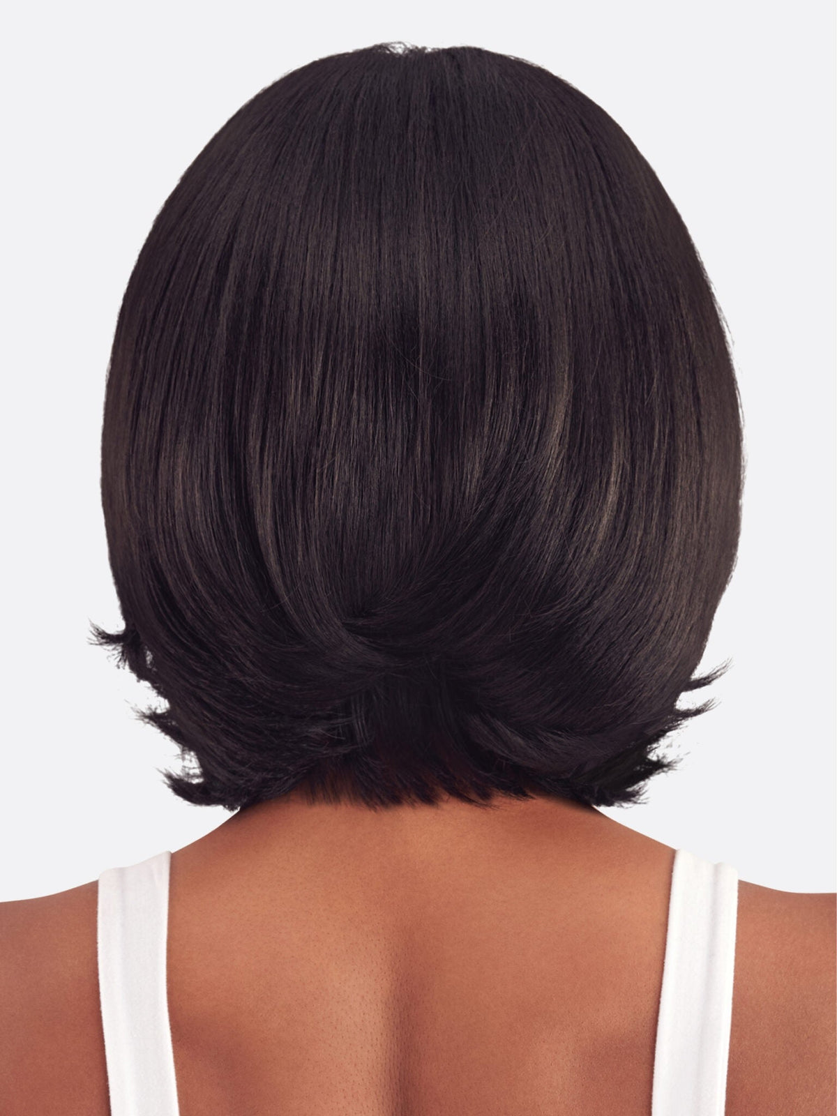 Vivace Rhea lace-front wig in color 1, back view with curved ends