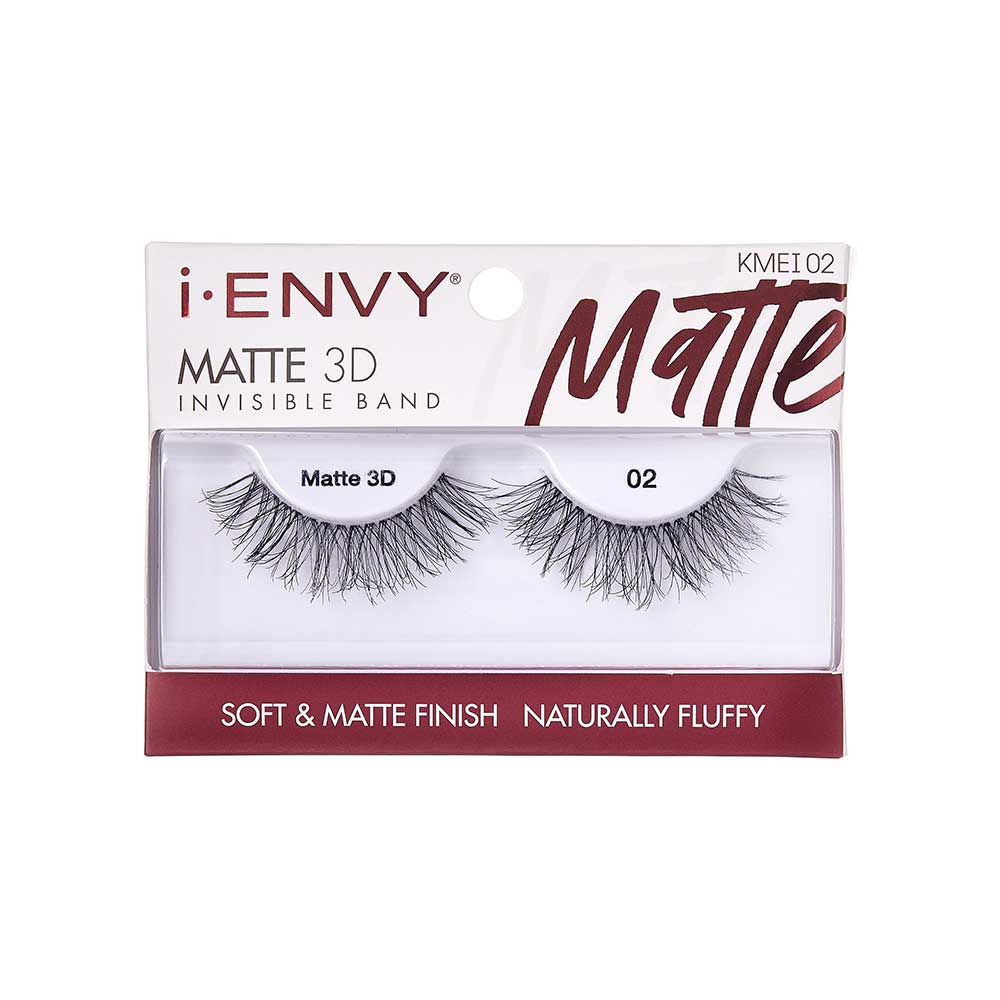 KMEI02_main "A single false eyelash. The eyelash is black and features a wispy, natural-looking design with varying lengths of individual lashes. The lashes are denser at the base and taper off towards the tips, creating a fluttery and voluminous effect. The band of the eyelash appears to be thin and flexible, designed to blend seamlessly with the natural lash line when applied."