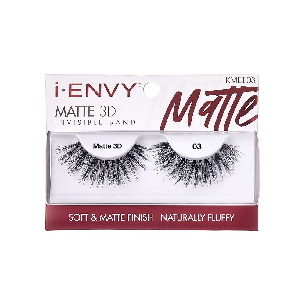 KMEI03_main "A single false eyelash. The eyelash is black and features a dense, voluminous design with varying lengths of individual lashes, creating a natural yet dramatic look. The lashes are arranged in a slightly curved shape to fit the natural contour of the eyelid. The base of the eyelash strip is thin and flexible, designed for easy application."