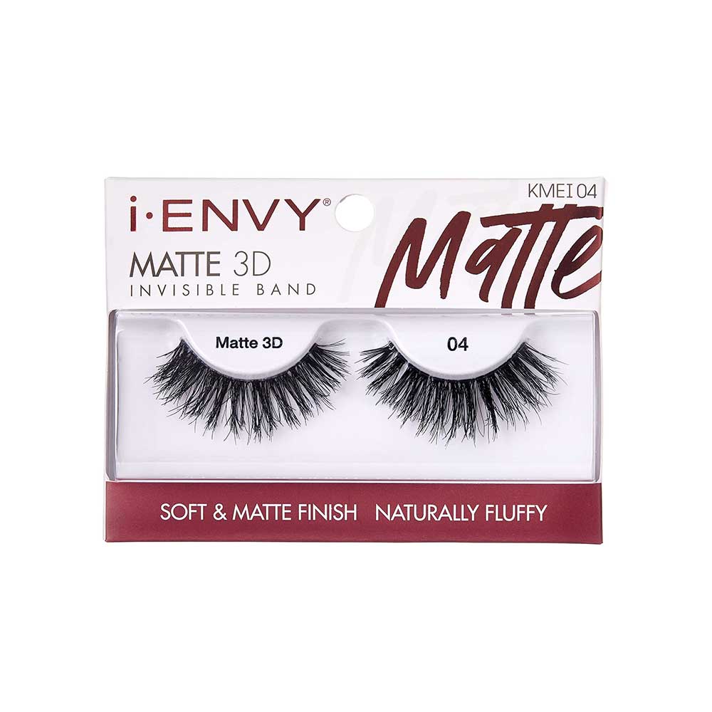KMEI04_main "A single false eyelash. The eyelash is black and features a dense, voluminous arrangement of synthetic fibers designed to mimic natural eyelashes. The fibers are arranged in a slightly curved shape to fit the natural contour of the eyelid. The base of the eyelash strip is thin and flexible, allowing for easy application. The individual fibers vary in length, creating a natural, wispy effect."