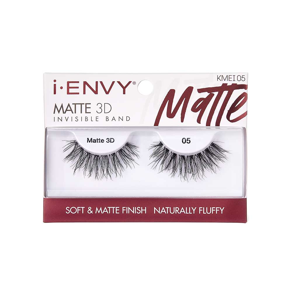 KMEI05_main "A single false eyelash. The eyelash is black and features a wispy, voluminous design with varying lengths of individual lashes. The lashes are arranged in a slightly curved shape, mimicking the natural curve of an eyelid. The base of the eyelash strip is thin and flexible, designed to be applied along the lash line. The overall appearance is intended to enhance the fullness and length of natural eyelashes."