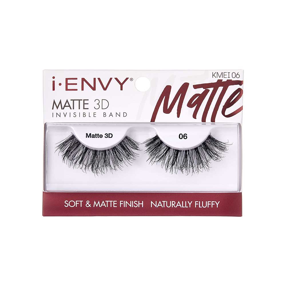 KMEI06_main "A single false eyelash. The eyelash is black and features a dramatic, voluminous design with multiple layers of fine, wispy strands. The strands are longer towards the outer edge, creating a flared effect. The base of the eyelash is slightly curved to fit the natural shape of the eyelid. The overall appearance is bold and intended to enhance the fullness and length of natural eyelashes."