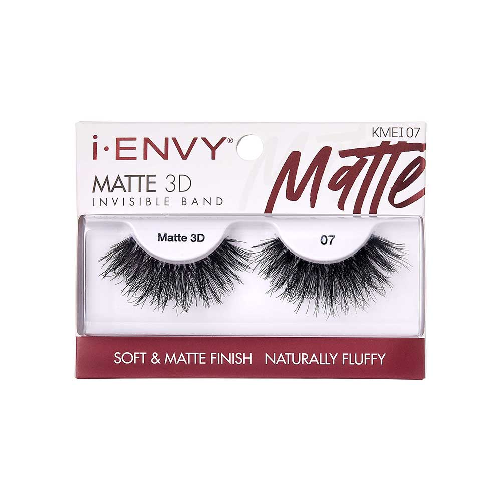 KMEI07_main "A single false eyelash. The eyelash is black and features a dense, voluminous design with varying lengths of individual lashes, creating a dramatic and full appearance. The lashes are arranged in a curved shape to fit the natural contour of the eyelid. The base of the eyelash strip is slightly thicker to provide support and ease of application."