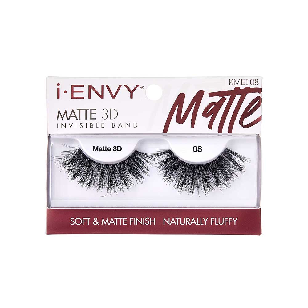 KMEI08_main "A single strip of false eyelashes. The eyelashes are black and appear to be voluminous with a wispy, layered design. The individual lashes vary in length, creating a natural yet dramatic look. The strip is curved to fit the natural shape of the eyelid."