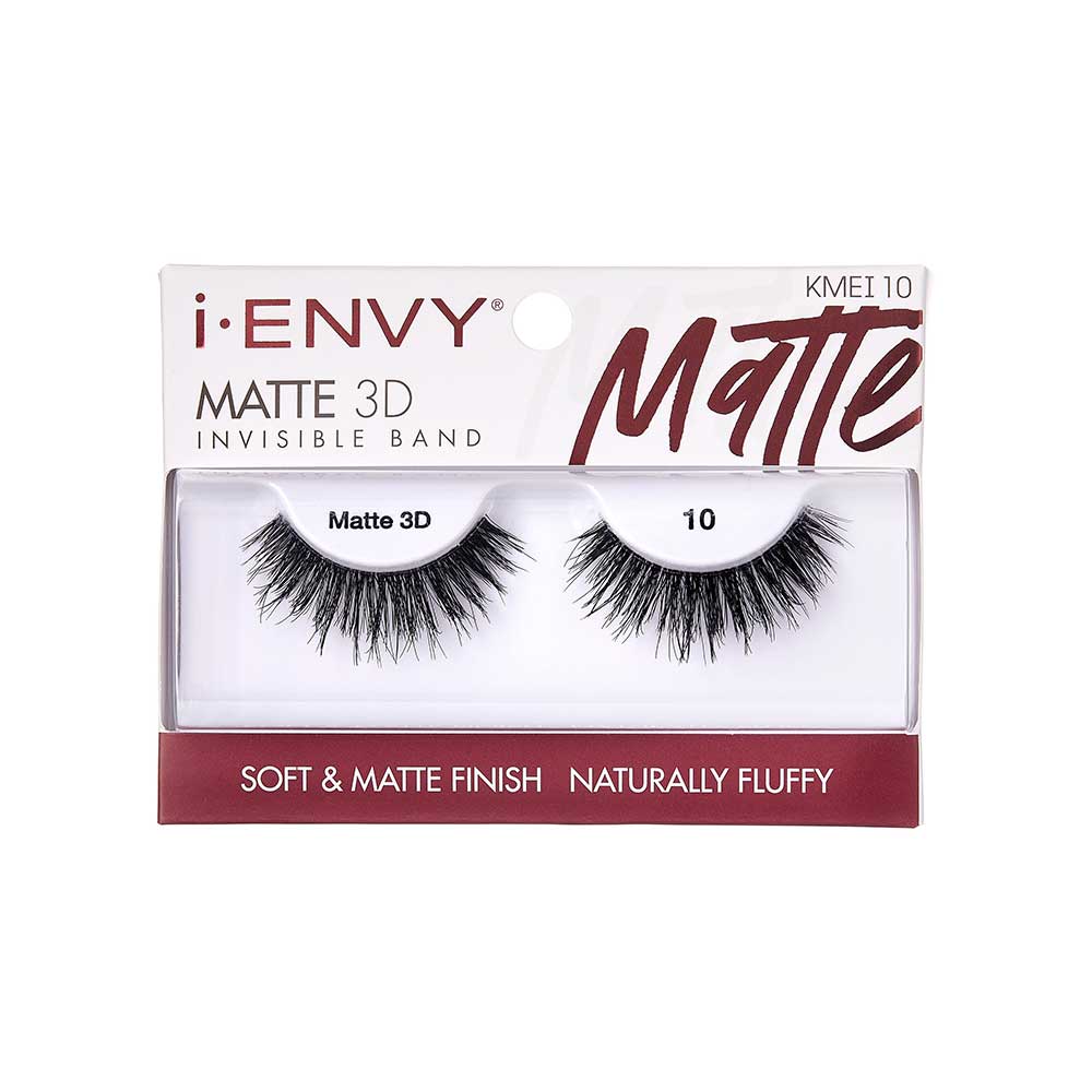 KMEI10_main "A single false eyelash. The eyelash is black and features a dense, voluminous design with varying lengths of individual lashes, creating a natural yet dramatic look. The lashes are attached to a thin, flexible band that allows for easy application to the eyelid. The overall appearance is intended to enhance the fullness and length of natural eyelashes."