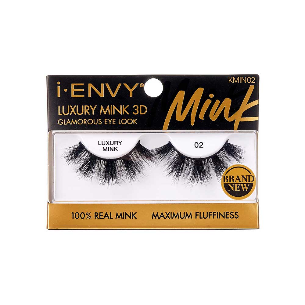 KMIN02_main "A single false eyelash. The eyelash is black and features a dense, voluminous design with long, wispy strands. The base of the eyelash is curved to fit the natural shape of the eyelid, and the individual strands vary in length, creating a fluttery and dramatic effect."
