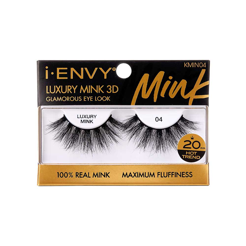 KMIN04_main "A single false eyelash. The eyelash is black and features a dramatic, voluminous design with long, wispy strands. The base of the eyelash is curved to fit the natural shape of the eyelid, and the individual lashes vary in length, creating a fluttery and full appearance. The lashes are densely packed at the base and taper off towards the tips, giving a natural yet bold look."