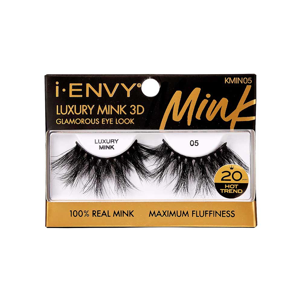 KMIN05_main "A single false eyelash. The eyelash is black and features a dramatic, voluminous design with long, wispy strands. The individual lashes are densely packed at the base and taper off into finer, more separated tips, creating a fluttery and full appearance. The eyelash strip is curved to fit the natural shape of the eyelid."