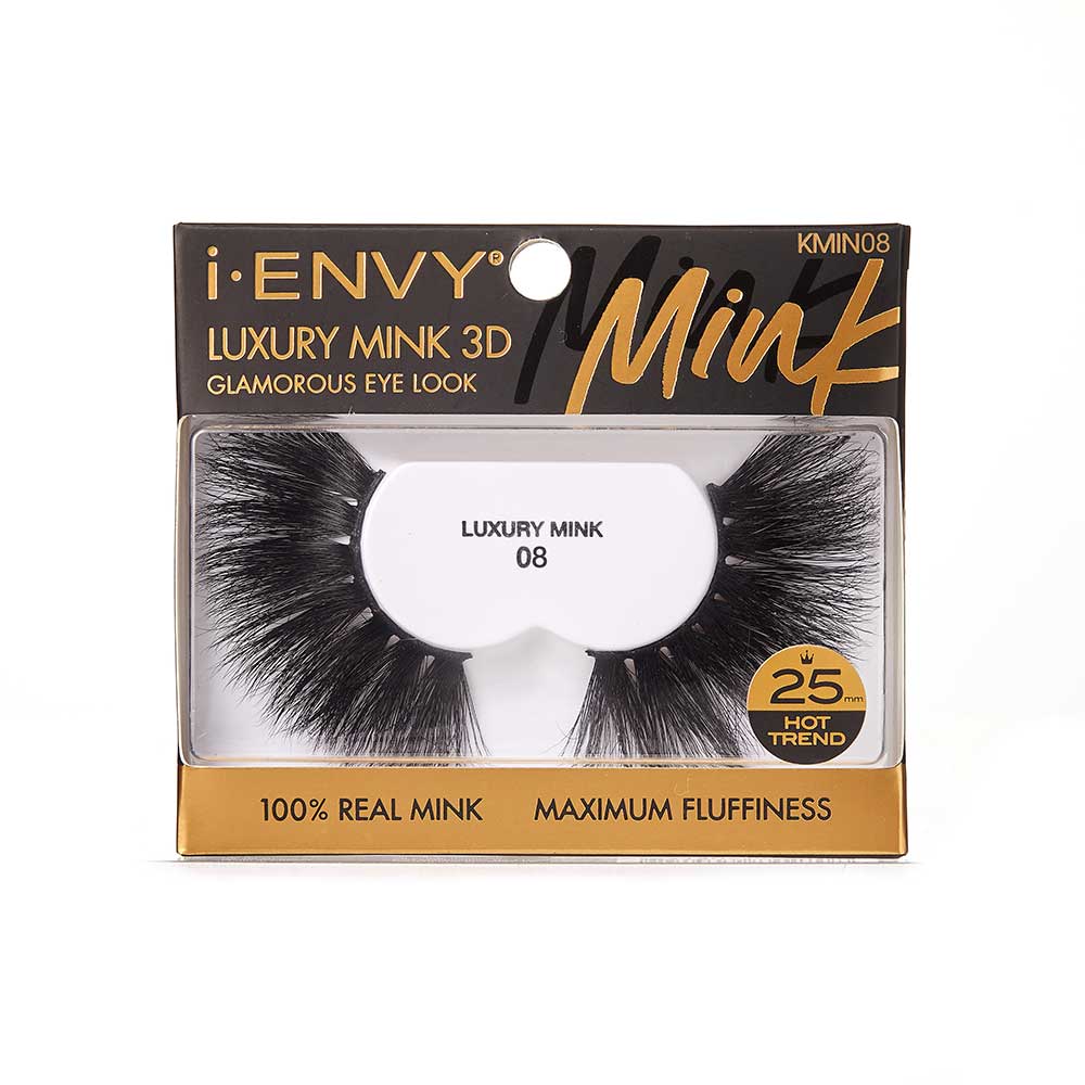 KMIN08_main "A single false eyelash. The eyelash is black and has a thick, voluminous appearance with densely packed, long, and wispy fibers. The base of the eyelash is slightly curved to fit the natural contour of the eyelid. The fibers are arranged in a way that they taper off towards the ends, giving a natural yet dramatic look."