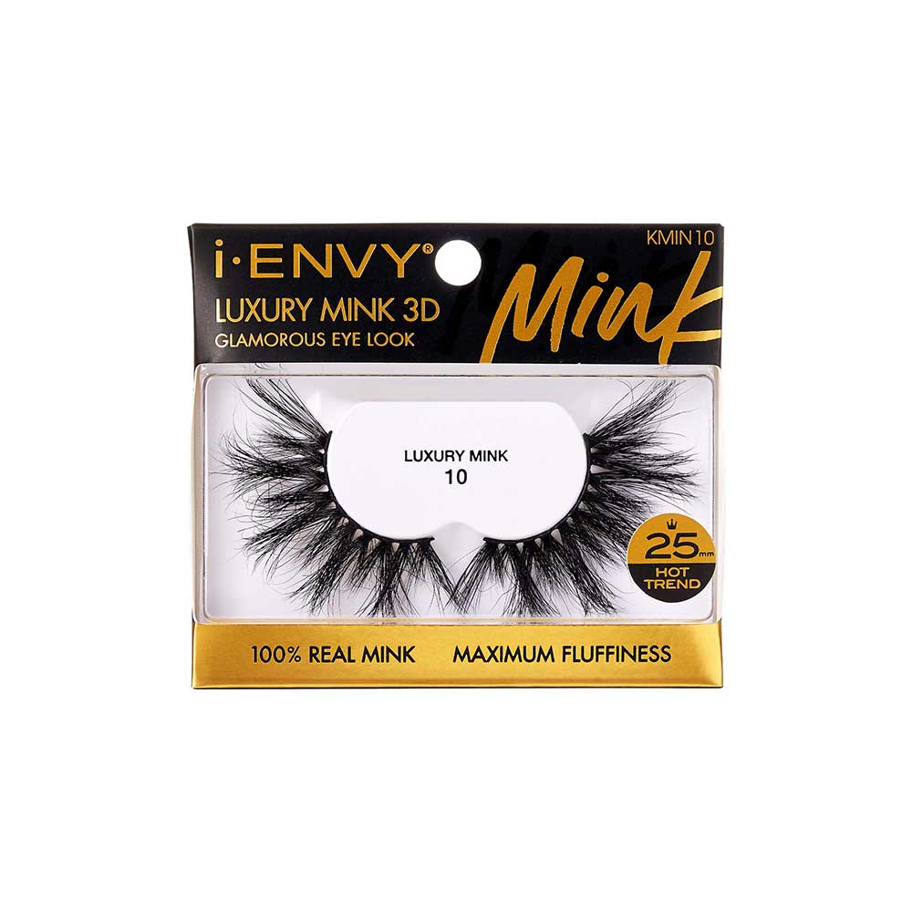 KMIN10_main "A single false eyelash. The eyelash is black and features a dramatic, voluminous design with long, wispy fibers. The base of the eyelash is a thin, flexible strip that is used to attach the eyelash to the eyelid. The fibers are densely packed near the base and gradually become more sparse and feathery towards the tips, creating a fluttery and full appearance."