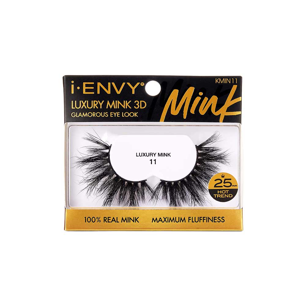 KMIN11_main "A single false eyelash. The eyelash is thick and voluminous, with a dense arrangement of long, black fibers. The base of the eyelash is a black band that holds the fibers together, designed to be applied along the eyelid. The fibers are arranged in a slightly curved shape to mimic the natural curve of the eye. The overall appearance is dramatic, suitable for enhancing the fullness and length of natural eyelashes."