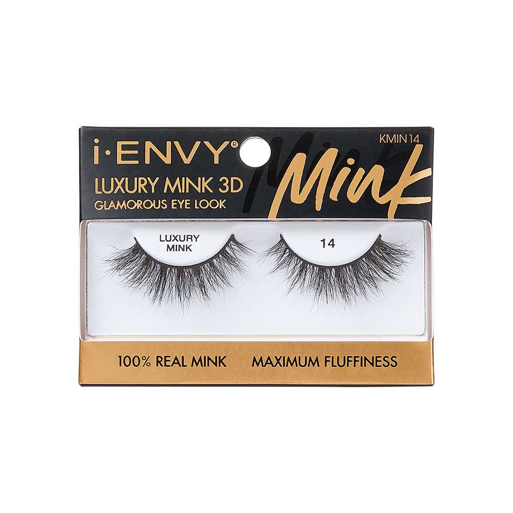 KMIN14_main "A single false eyelash. The eyelash is black and features a thick, voluminous design with long, wispy strands. The base of the eyelash is curved to fit the natural shape of the eyelid, and the individual strands vary in length, creating a dramatic and full appearance."