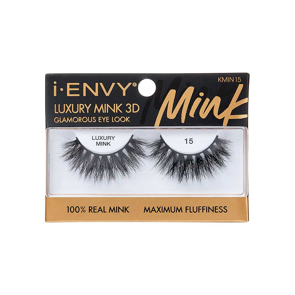 KMIN15_main "A single false eyelash. The eyelash is black and features a dramatic, voluminous design with long, wispy strands. The base of the eyelash is curved to fit the natural shape of the eyelid, and the individual lashes are densely packed, creating a full and fluttery appearance. The lashes are arranged in a way that they taper towards the ends, giving a natural yet bold look."