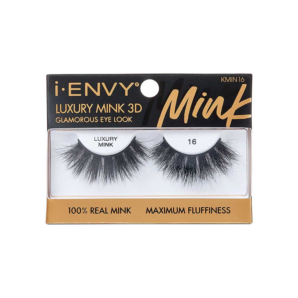 KMIN16_main "A single false eyelash. The eyelash is thick and voluminous, with a dramatic, wispy design. The individual lashes are densely packed and vary in length, creating a fluttery and full appearance. The base of the eyelash is curved to fit the natural shape of the eyelid. The lashes are black in color, enhancing their bold and striking look."