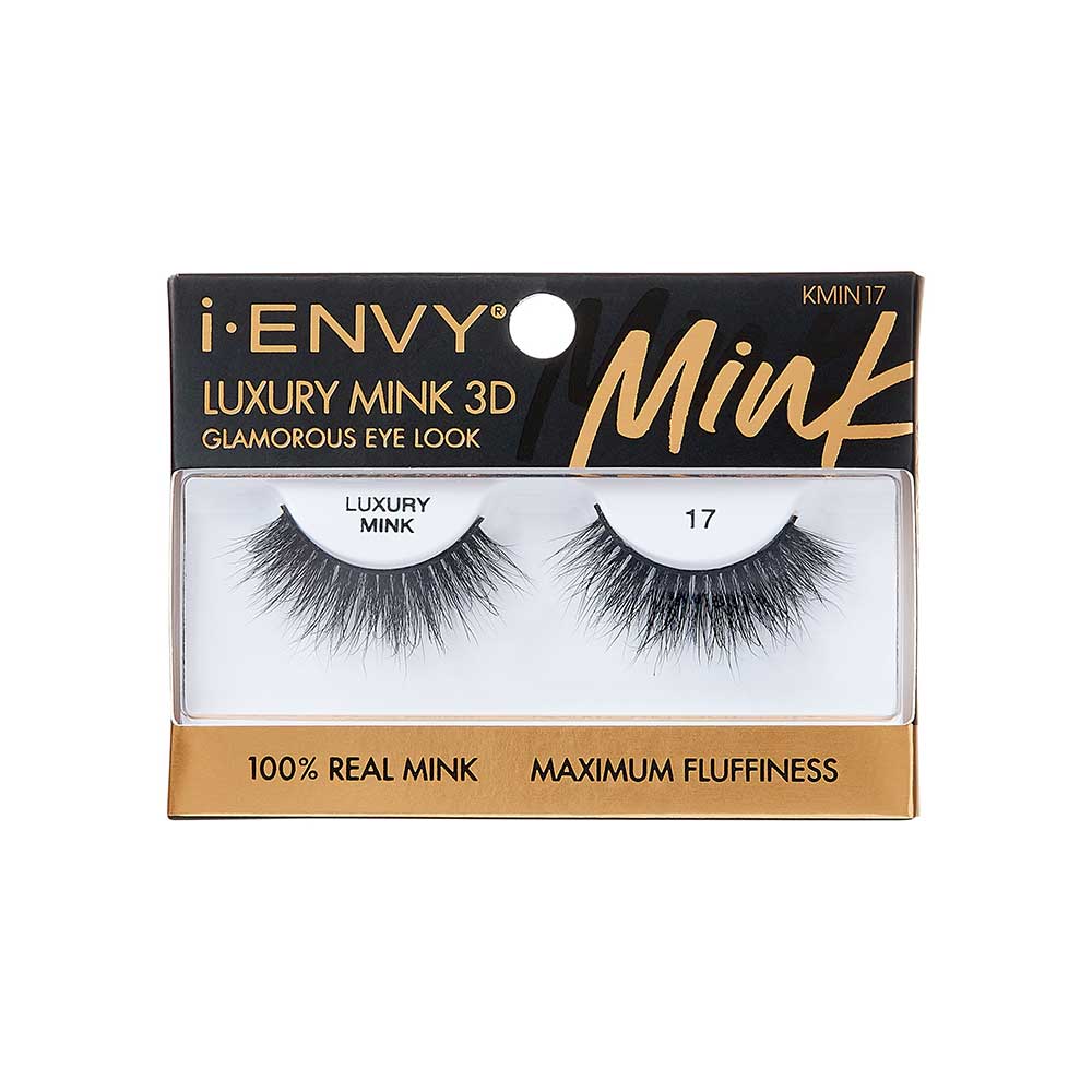 KMIN17_main "A single false eyelash. The eyelash is black and features a dense, wispy design with varying lengths of individual lashes, creating a voluminous and dramatic effect. The base of the eyelash is curved to fit the natural shape of the eyelid."