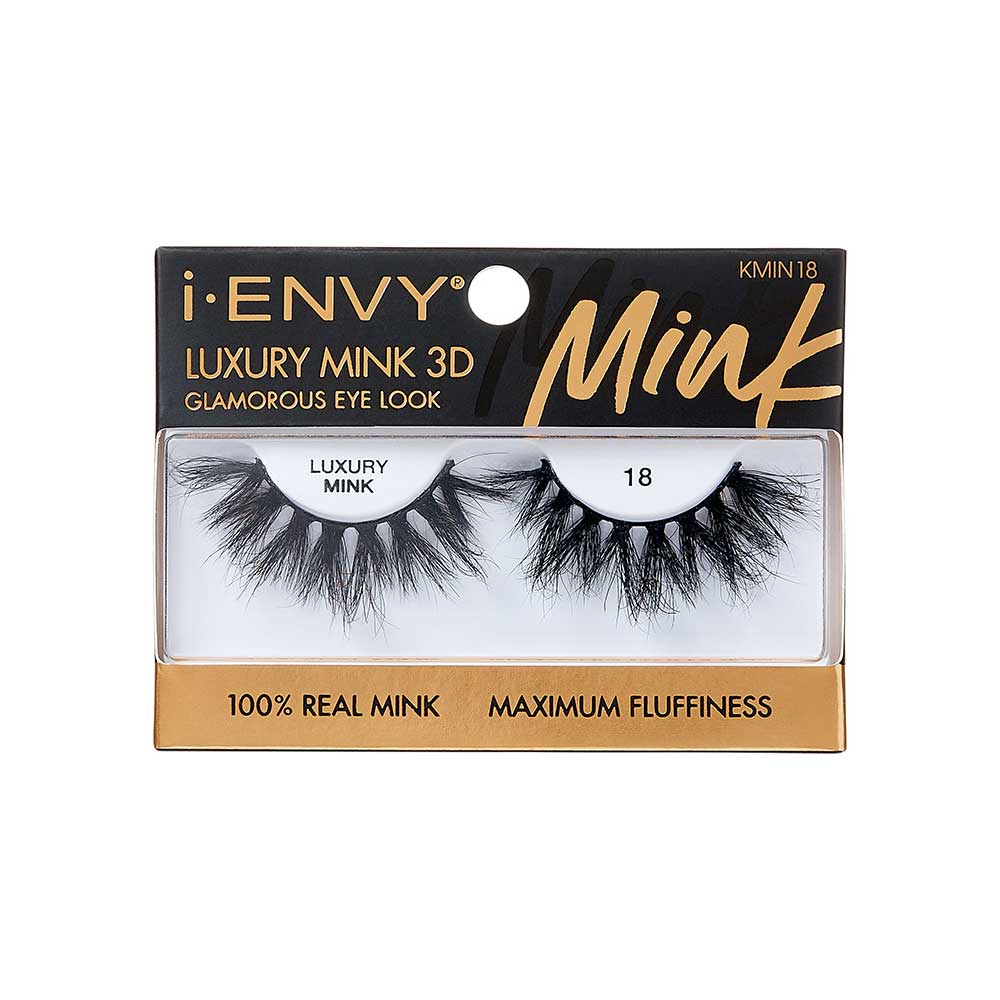 KMIN18_main "A single false eyelash. The eyelash is black and features a dramatic, voluminous design with long, wispy strands. The lashes are arranged in clusters, creating a bold and fluttery appearance. The base of the eyelash is curved to fit the natural shape of the eyelid."