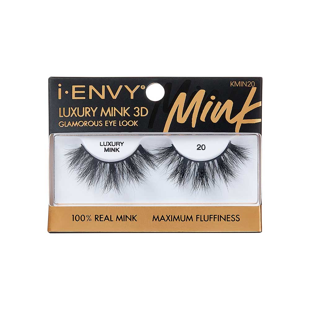 KMIN20_main "A single false eyelash. The eyelash is black and features a dramatic, voluminous design with long, wispy strands. The lashes are densely packed at the base and taper off into finer, more separated tips, creating a bold and fluttery appearance. The band of the eyelash is black and appears to be flexible, designed to adhere to the eyelid for cosmetic enhancement."