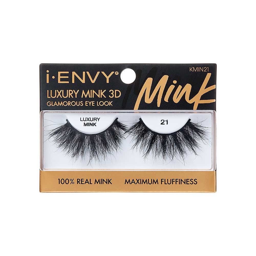 KMIN21_main "A single false eyelash. The eyelash is black and features a dramatic, voluminous design with long, wispy strands. The base of the eyelash is a thin, flexible strip that is used to attach the eyelash to the eyelid. The strands vary in length, creating a fluttery and full appearance."
