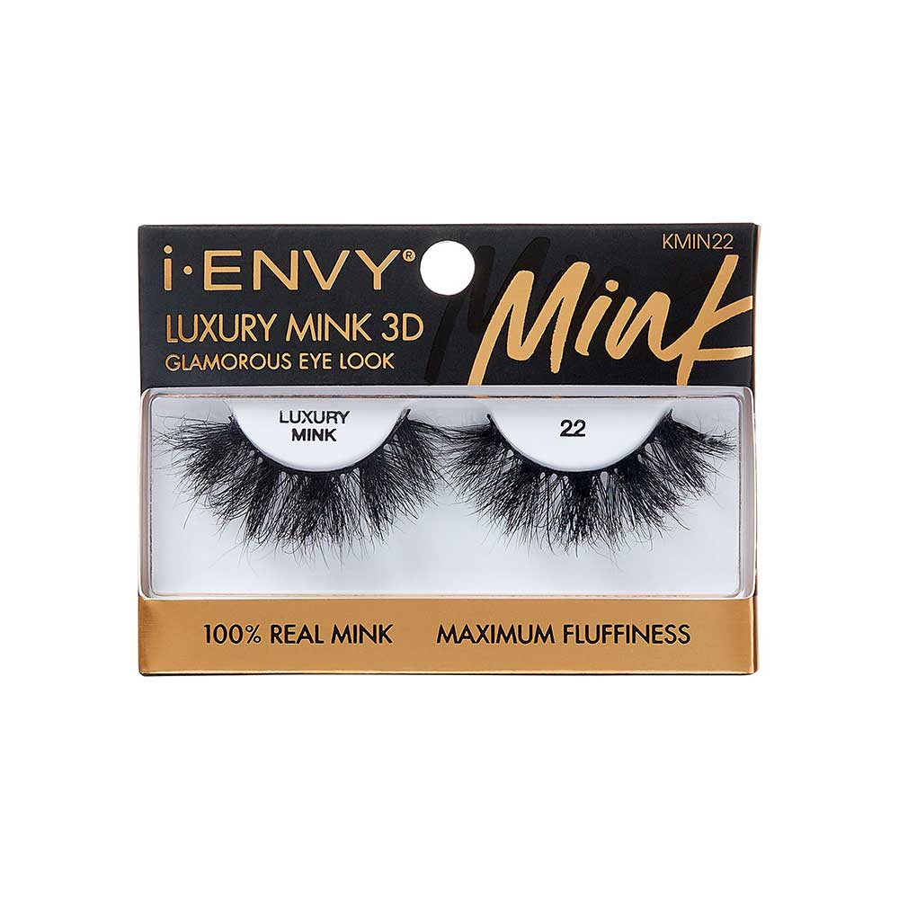 KMIN22_main "A single false eyelash. The eyelash is black and features a dramatic, voluminous design with densely packed, long, and wispy fibers. The base of the eyelash is curved to fit the natural shape of the eyelid, and the fibers are arranged in a way that creates a fluttery and full appearance. The eyelash appears to be designed for a bold and glamorous look."