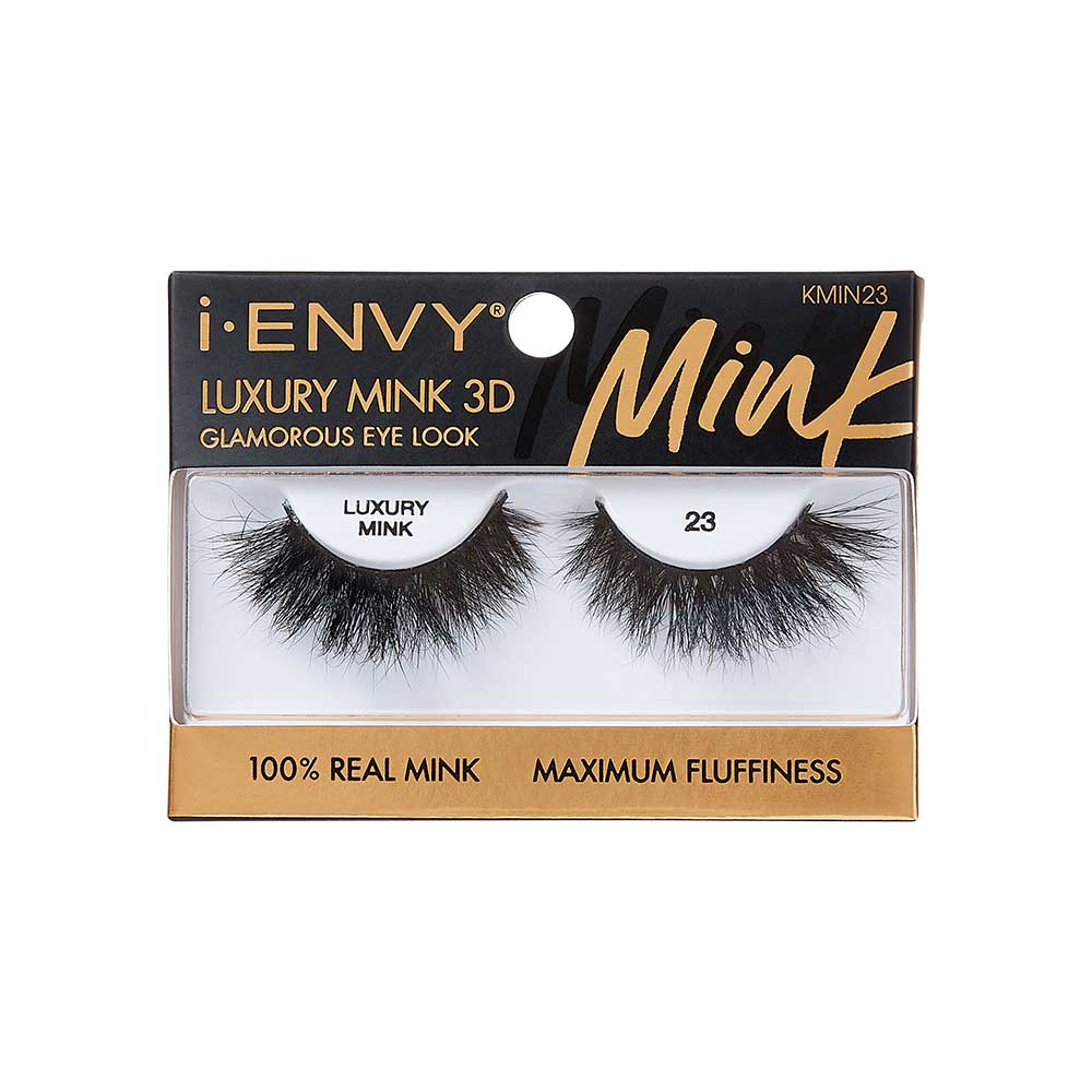 KMIN23_main "A single false eyelash. The eyelash is thick and voluminous, with a dense arrangement of long, black fibers. The fibers are arranged in a slightly curved shape, mimicking the natural curve of an eyelid. The base of the eyelash is a thin, black strip that holds the fibers together. The overall appearance is dramatic and full, suitable for creating a bold eye makeup look."