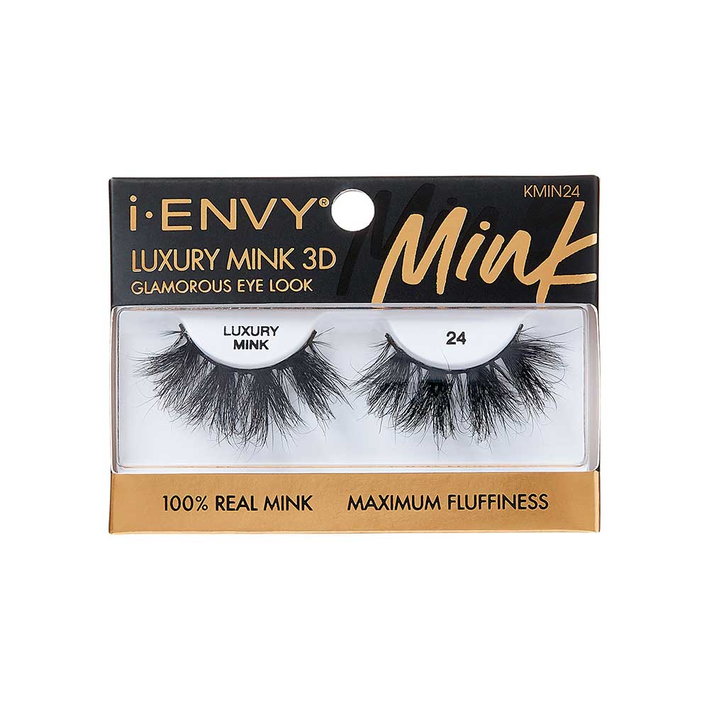 KMIN24_main "A single false eyelash. The eyelash is black and features a dramatic, voluminous design with long, wispy strands. The lashes are densely packed, creating a full and bold appearance. The base of the eyelash is curved to fit along the natural lash line."