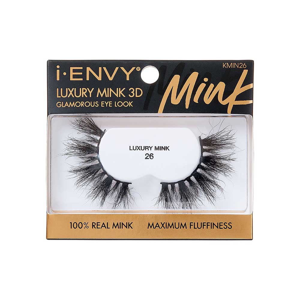 KMIN26_main "A single false eyelash. The eyelash is black and features a dramatic, voluminous design with long, wispy fibers. The fibers are arranged in clusters, creating a full and fluttery appearance. The base of the eyelash is a thin, flexible strip that is used to attach the eyelash to the eyelid."