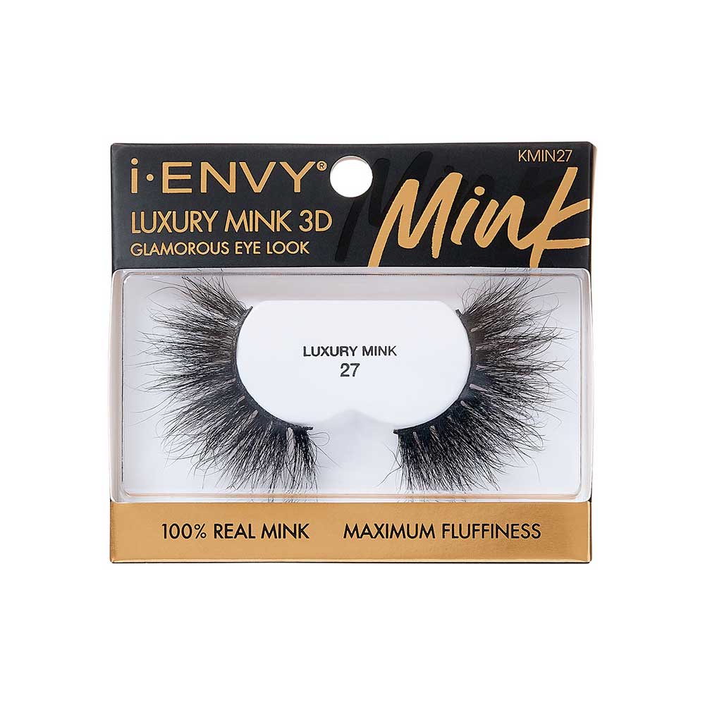 KMIN27_main "A single false eyelash. The eyelash is black and features a dramatic, voluminous design with long, wispy strands. The base of the eyelash is slightly curved to fit the natural shape of the eyelid. The strands vary in length, creating a fluttery and full appearance."