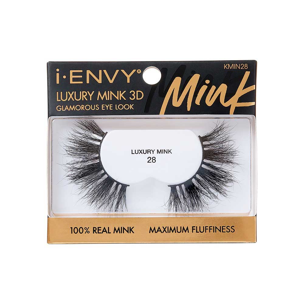 KMIN28_main "A single false eyelash. The eyelash is black and features a dramatic, voluminous design with long, wispy strands. The base of the eyelash is a thin, flexible strip that is used to attach the eyelash to the eyelid. The strands are densely packed towards the base and gradually become more sparse and feathery towards the tips, creating a fluttery and full appearance."