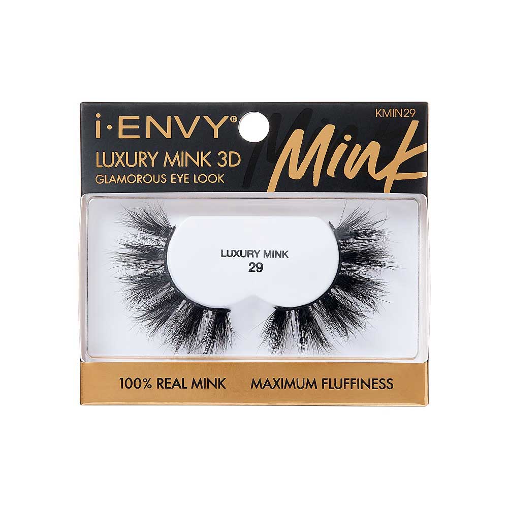 KMIN29_main "A single false eyelash. The eyelash is black and features a dramatic, voluminous design with thick, long, and wispy strands. The base of the eyelash is curved to fit the natural shape of the eyelid. The strands are densely packed, giving a full and fluttery appearance."