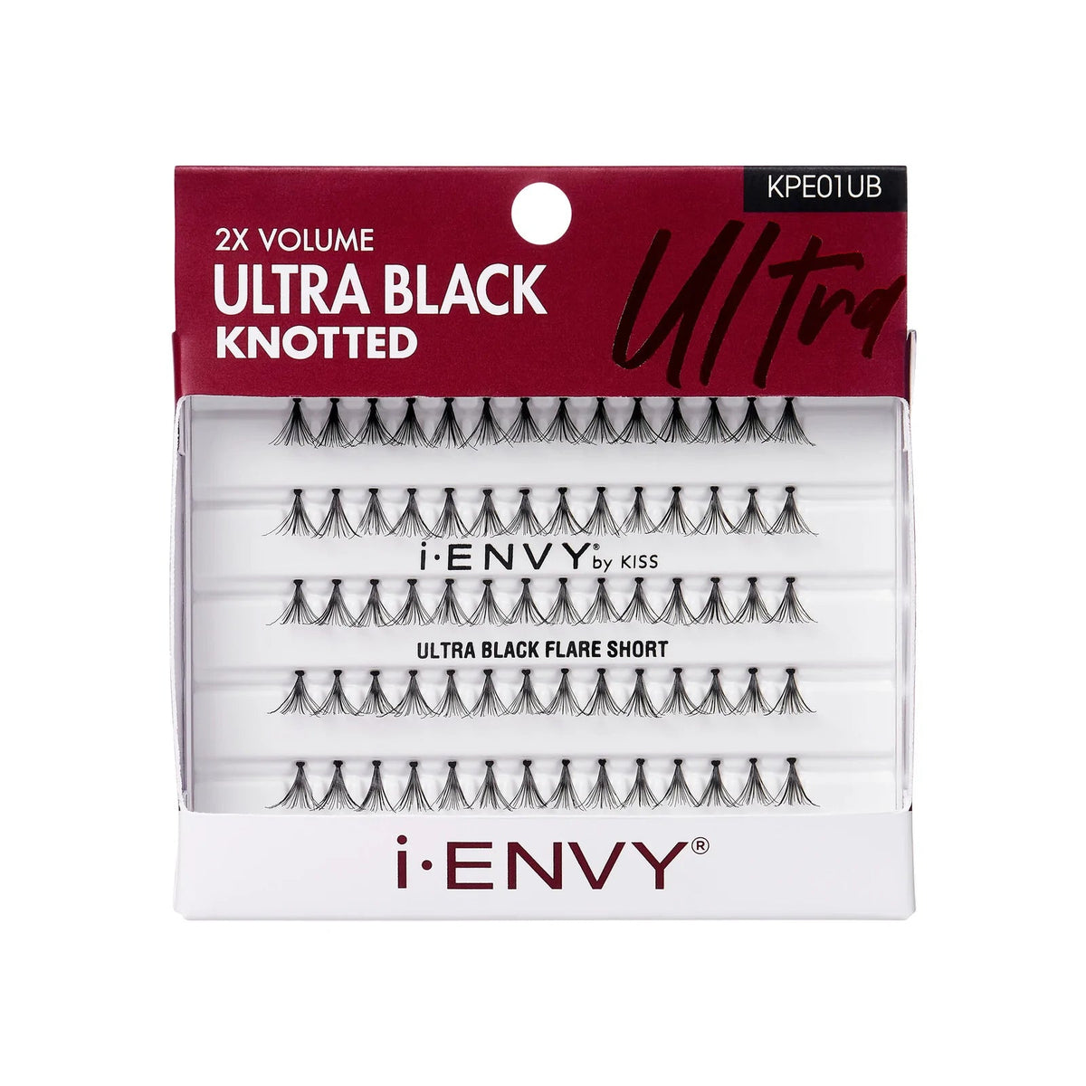KPE01UB_main "A package of false eyelashes from the brand i•ENVY by KISS. The product is labeled as "2X Volume Ultra Black Knotted" and is identified with the code KPE01UB. The packaging is predominantly white with red accents and features the product name prominently at the top. Inside the package, there are multiple rows of individual lash clusters labeled "Ultra Black Flare Short." The lashes are arranged neatly in a plastic tray, visible through a clear window on the front of the packaging."