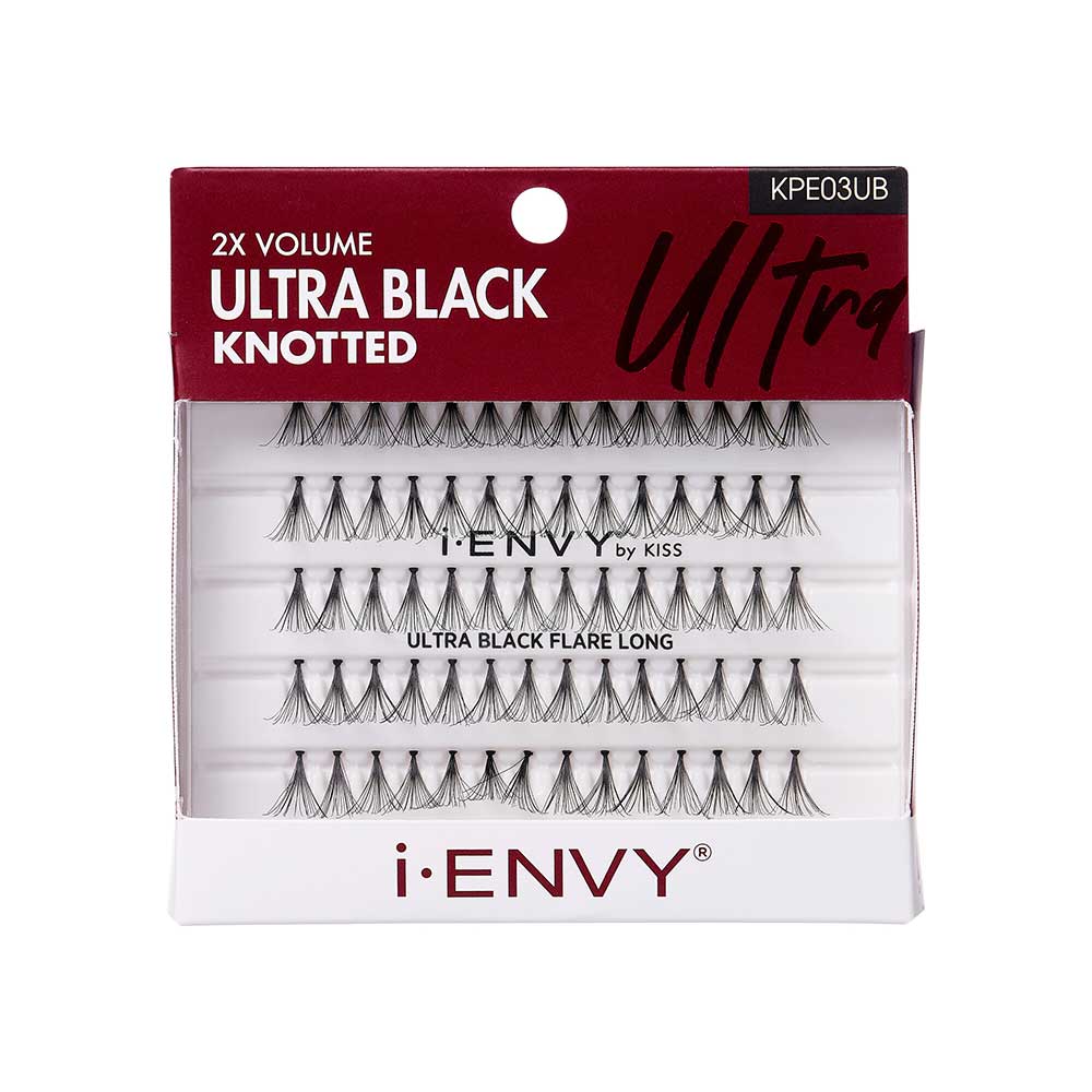 KPE03UB_main "A single strip of false eyelashes. The eyelashes are arranged in a curved line, mimicking the natural curve of an eyelid. Each lash is long, thin, and black, with a slightly wispy appearance. The base of the strip, where the lashes are attached, is thicker and appears to be designed for easy application to the eyelid. The lashes are spaced evenly along the strip, creating a voluminous and dramatic effect."