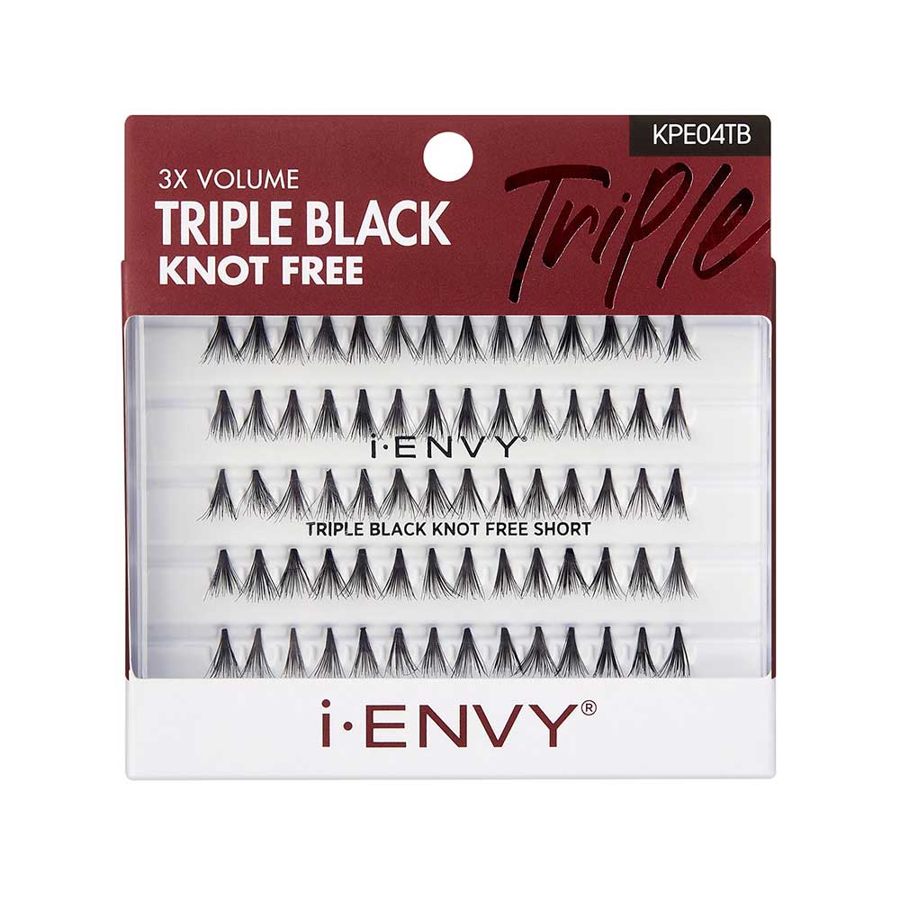 KPE04TB_main "A package of i-ENVY false eyelashes. The packaging is predominantly white with a maroon top section. The product is labeled as "3X VOLUME TRIPLE BLACK KNOT FREE" and "TRIPLE BLACK KNOT FREE SHORT." The lashes are arranged in rows within the packaging, and the brand name "i-ENVY" is prominently displayed at the bottom. The product code "KPE04TB" is visible in the top right corner."