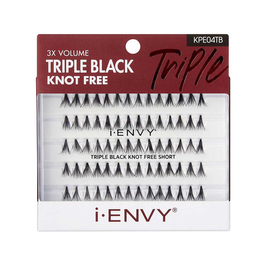 KPE04TB_main "A package of i-ENVY false eyelashes. The packaging is predominantly white with a maroon top section. The product is labeled as "3X VOLUME TRIPLE BLACK KNOT FREE" and "TRIPLE BLACK KNOT FREE SHORT." The lashes are arranged in rows within the packaging, and the brand name "i-ENVY" is prominently displayed at the bottom. The product code "KPE04TB" is visible in the top right corner."