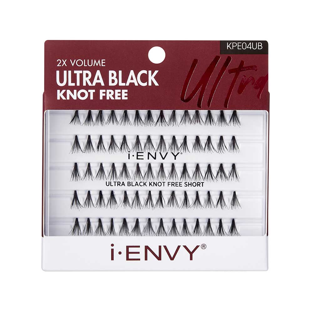 KPE04UB_main "A package of i-ENVY brand false eyelashes. The packaging is predominantly white with a maroon and black design. The product is labeled as "2X VOLUME ULTRA BLACK KNOT FREE" and the specific style is "ULTRA BLACK KNOT FREE SHORT." The product code "KPE04UB" is displayed in the top right corner. The package contains multiple rows of individual lash clusters, arranged neatly in a plastic tray. The brand name "i-ENVY" is prominently displayed at the bottom of the package."