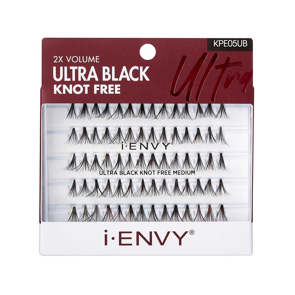 KPE05UB_main "A product package for i-ENVY Ultra Black Knot Free Medium Eyelashes. The packaging is predominantly white with a maroon top section. The top section has the text "2X VOLUME ULTRA BLACK KNOT FREE" in white, and the product code "KPE05UB" is displayed in the top right corner. Below this, there is a clear window displaying multiple rows of individual eyelash clusters. The brand name "i-ENVY" is printed in large letters at the bottom of the package."