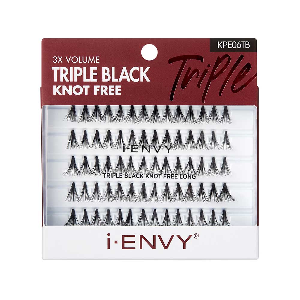 KPE06TB_main "A package of i-ENVY brand false eyelashes. The packaging is predominantly white with a maroon top section. The product is labeled as "3X VOLUME TRIPLE BLACK KNOT FREE" and is identified with the code "KPE06TB." The lashes are arranged in rows within a clear plastic window, allowing the lashes to be visible. The text "TRIPLE BLACK KNOT FREE LONG" is also printed on the clear window. The brand name "i-ENVY" is prominently displayed at the bottom of the package."