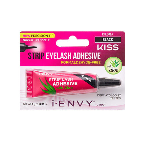 KPEG02A_main "A tube of i-Envy by Kiss Strip Lash Adhesive. The tube is predominantly pink with black and green accents. The text on the tube indicates that the adhesive is black in color and contains aloe. The cap of the tube is black and pointed, designed for precise application. The product is intended for use with strip lashes."