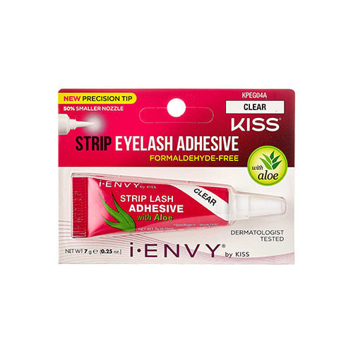 KPEG04A_main "The packaging highlights several features: - New precision tip with a 50% smaller nozzle. - Formaldehyde-free formula. - Contains aloe. - Dermatologist tested. The product is designed for use with strip eyelashes and is marketed as being gentle and safe for use. The packaging is predominantly white and pink, with green accents indicating the presence of aloe."