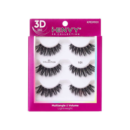 KPEIM101_main "A package of false eyelashes from the brand "i•ENVY" by Kiss. The packaging is predominantly purple and white, with the product name "3D Collection" prominently displayed. The package contains three pairs of false eyelashes, labeled "101." The lashes are described as "Multilange & Volume" and "Lightweight." The top left corner of the packaging features the "3D" logo, indicating the 3D effect of the lashes. The product code "KPEIM101" is displayed in the top right corner."