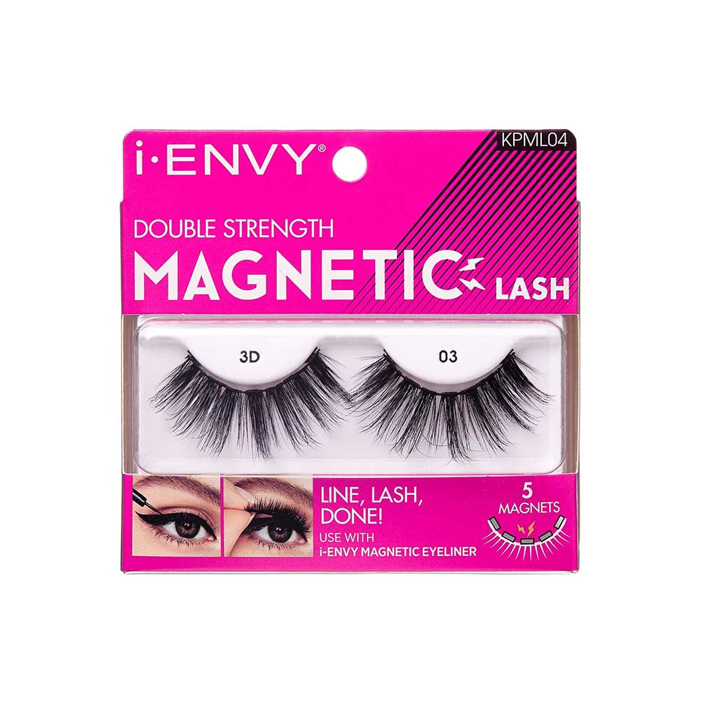 KPML04_main "A product package for i•ENVY Double Strength Magnetic Liner & Lash. The packaging is predominantly pink and white with black text. The product includes a pair of false eyelashes labeled "3D" and "03." The packaging highlights that the lashes are magnetic and can be used with i•ENVY Magnetic Eyeliner. It also mentions "5 Magnets" and has an illustration of eyes with the lashes applied, along with the text "LINE, LASH, DONE!" The product code "KPML04" is displayed in the top right corner."