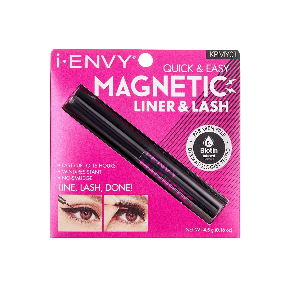 KPMY01_main "A cosmetic product, specifically an eyeliner. The product is labeled "I ENVY MAGNETIC LINER" in bold, pink letters on a black cylindrical container. The container is open, revealing a fine-tipped applicator brush. The design is sleek and modern, with the brush designed for precise application. The product appears to be intended for use as a magnetic eyeliner, likely used in conjunction with magnetic false eyelashes."