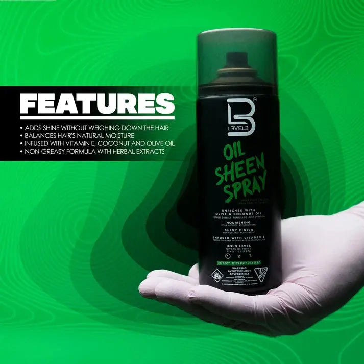 L3VEL3 Oil Sheen feature graphic with a hand holding the can